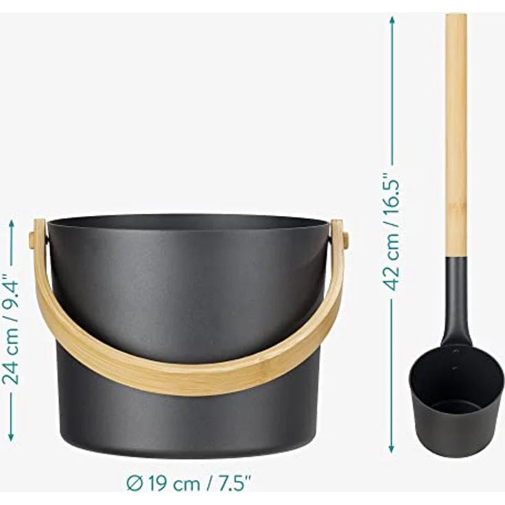 Navaris Aluminium Saunakübel Set 3tlg., inkl. Kelle und Sanduhr, leichter 5L Aufgusseimer mit Bambusgriff, schwarz natur – Bild 5