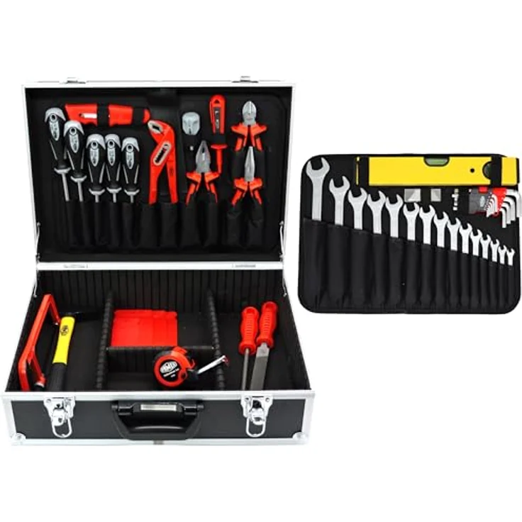 Famex 744-47 Werkzeugkoffer, gefüllt mit hochwertigem Werkzeug-Set und Steckschlüsselsatz, Aluminium-Design, robuster Koffer aus CV-Stahl – Bild 3