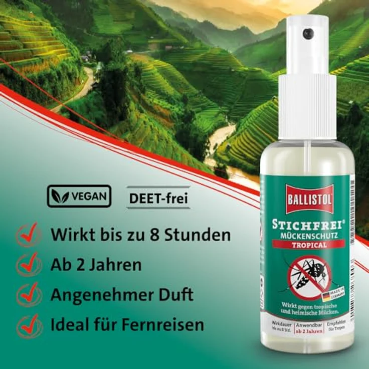 Ballistol Stichfrei Tropical, Insektenschutz-Spray mit 20% Icaridin und 5% Citrepel, 8 Stunden Schutz gegen Mücken und Zecken – Bild 4