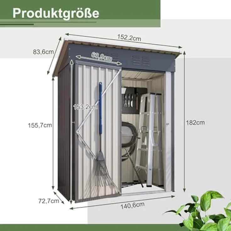 Thanaddo Geräteschuppen Gerätehaus 152 x 84 x 182 cm, 1,5m³ Stauraum, Metall Gartenschuppen mit Pultdach Belüftungslöcher, wetterfest Lagerschuppen im Freien für Outdoor (Grau) – Bild 3