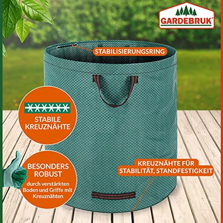 GARDEBRUK® Gartenabfallsack 6x280 Liter 50 kg Belastbarkeit doppelte Nähte 3 stabile Griffe robust abwaschbar Garten Rasensack Gartentasche Laubsack, 6er Set, Polyethylen, grün – Bild 2