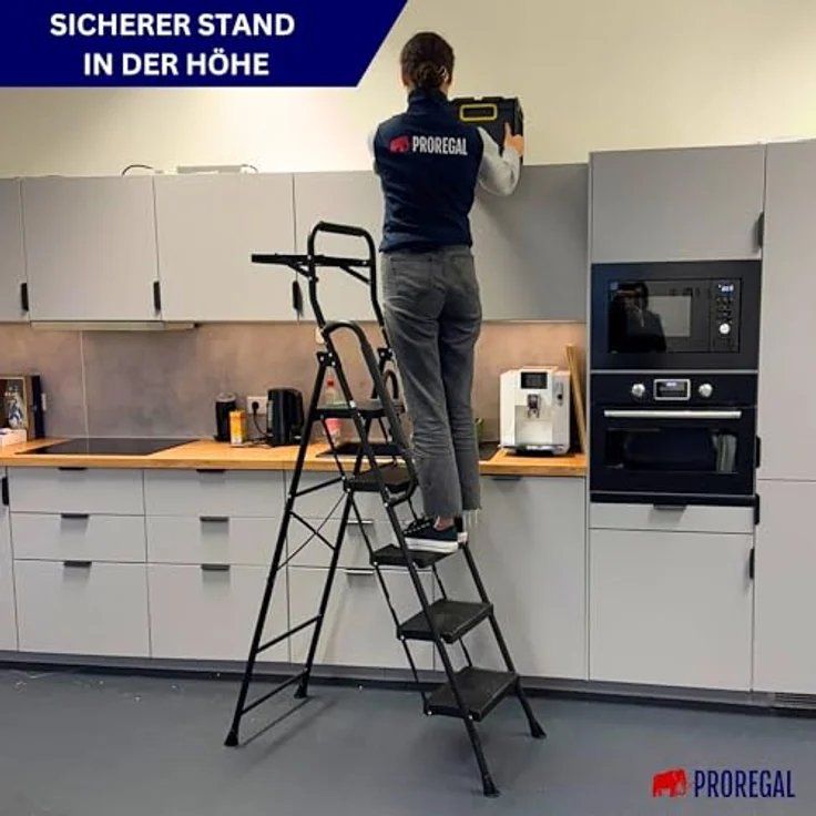 PROREGAL® Trittleiter Profi-Stehleiter, klappbar, 5 Stufen, Traglast 150 kg, robuste Stahlkonstruktion, Kunststoffstufen, Matt Schwarz – Bild 3