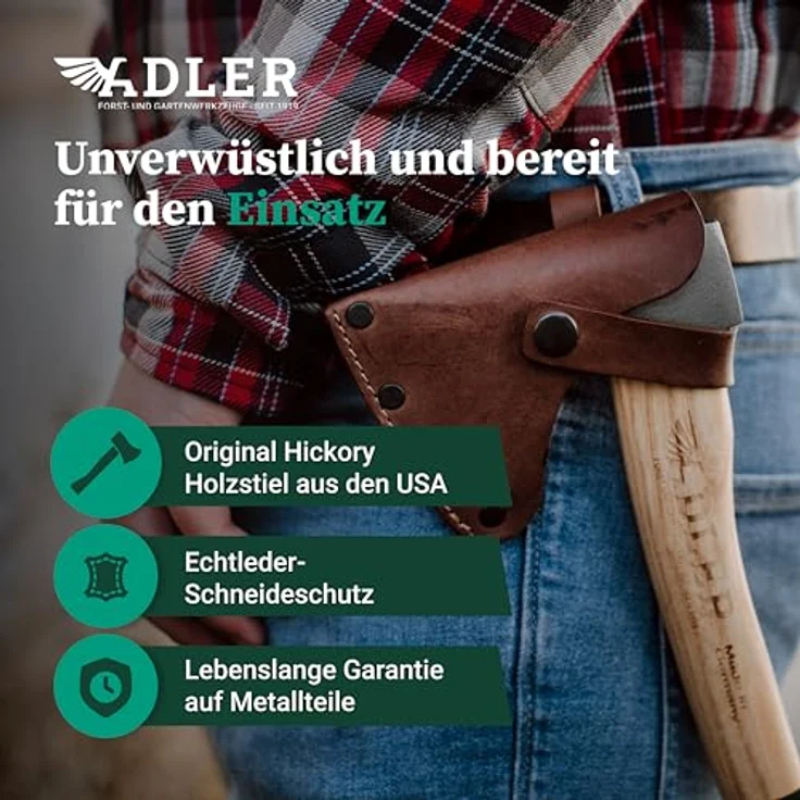 Adler Spaltbeil inkl. Lederschutz: Robustes Holzbeil aus C60-Stahl, 50cm Hickorystiel, Anti-Rutsch, rot/schwarz, 1250g – Bild 4