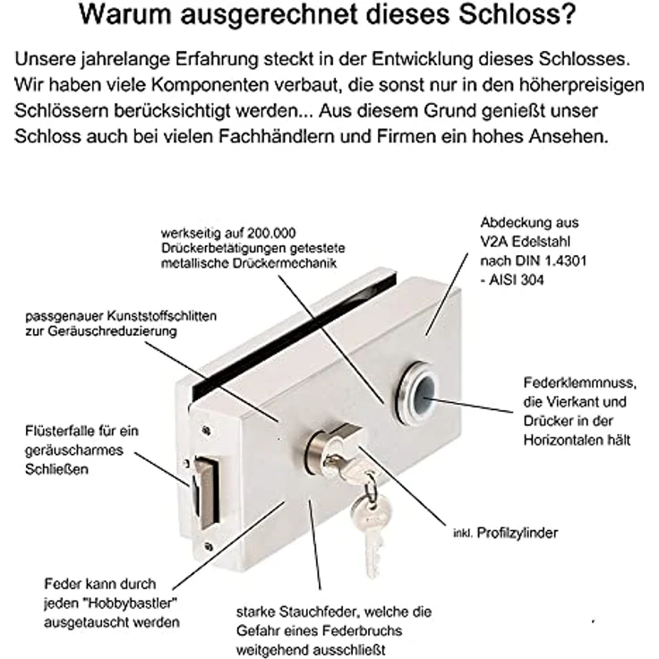 ck-türbeschläge Q Set PZ inkl. Profilzylinder V2A Edelstahl matt inkl. Officebändern +RT metallische Innenmechanik New Orleans 3454324, Glastürschloss Serie "Q" eckig, 8 mm Glas, V2A Edelstahl matt gebürstet – Bild 2