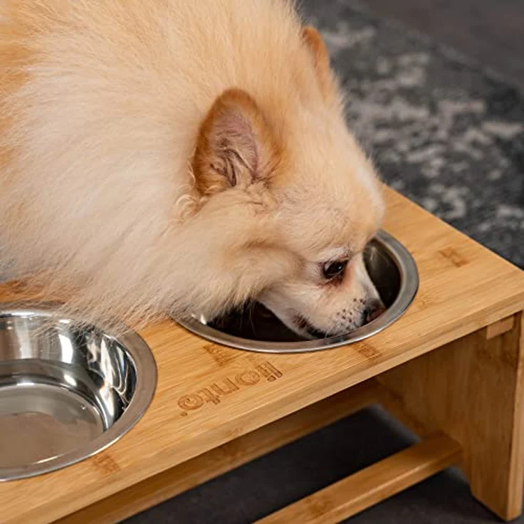lionto erhöhter Hundenapf Futterstation für Hunde Futterbar für Haustiere aus Bambus 2 Näpfe aus Edelstahl rutschfest, (M) 44x20x19 cm – Bild 3