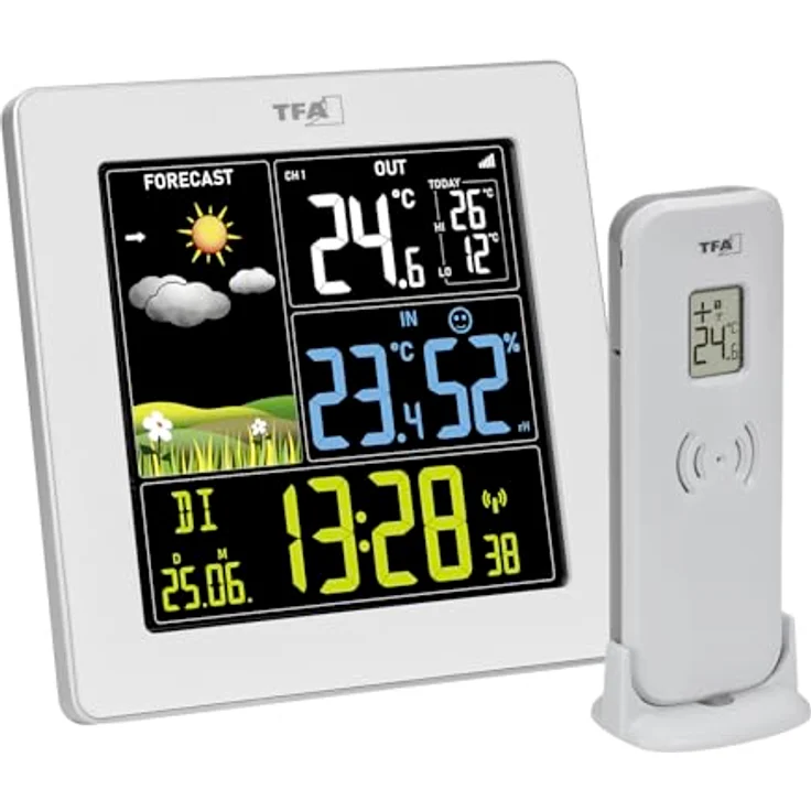 TFA SUN 2, Wetterstation mit farbig beleuchtetem Display, Weiss, integriertes Barometer, Außentemperatur- und Luftfeuchtigkeitsmessung, dimmbares Display – Bild 1