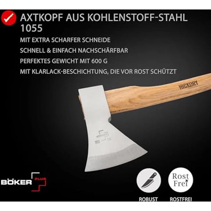 BÖKER PLUS® Appalachian Axe Small - Carbon Axt mit 600 g Kopf & Hickory-Holz-Stiel, Profi Beil mit lebenslanger Garantie – Bild 3