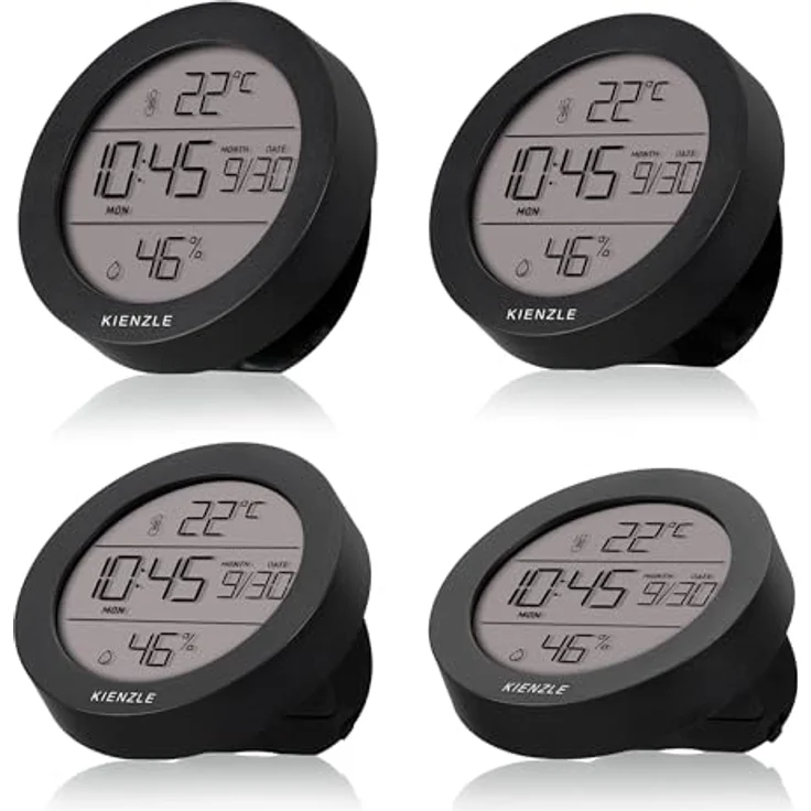 Kienzle Thermo-Hygrometer Ø 6,7 cm, präziser Temperatur- und Luftfeuchtigkeitsmesser mit Uhrzeit und Datum, Schwarz – Bild 4