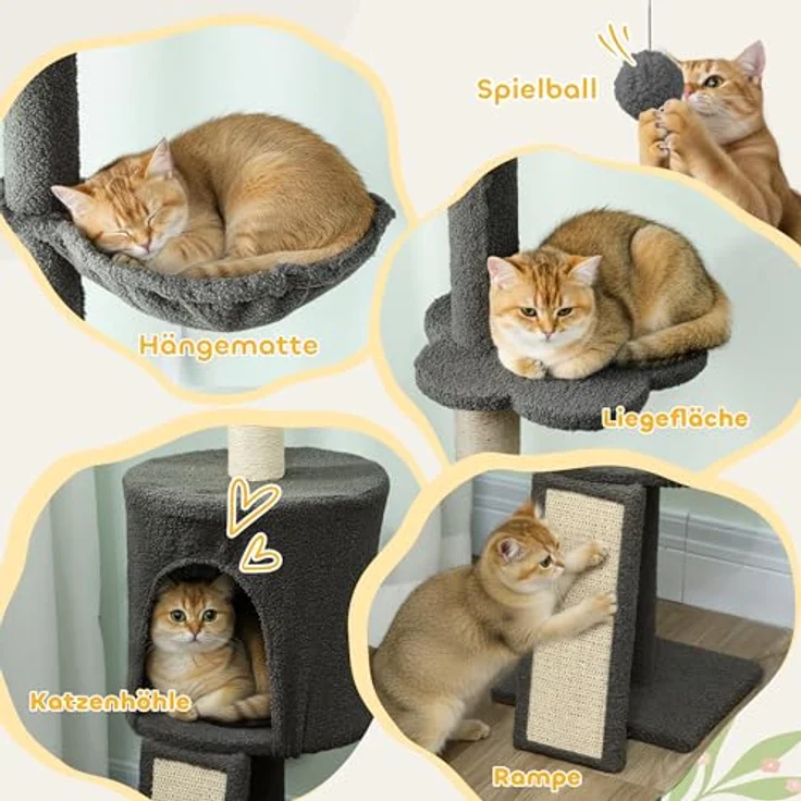 PawHut Kratzbaum Deckenhoch 200-240 cm, höhenverstellbar mit Hängematte, Höhle, Rampe und 7 cm dicken Kratzstämmen, für Katzen unter 5 kg, Dunkelgrau – Bild 4