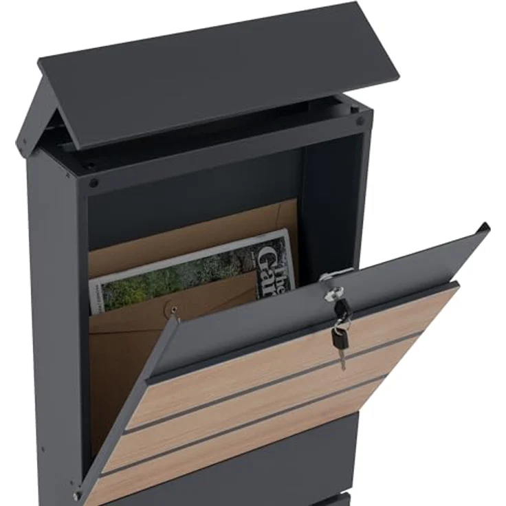 Zelsius Briefkasten mit Zeitungsfach | Postbox in Anthrazit (RAL7016) mit Holzoptik (Buche) | Standbriefkasten mit 2 Schlüsseln – Bild 4