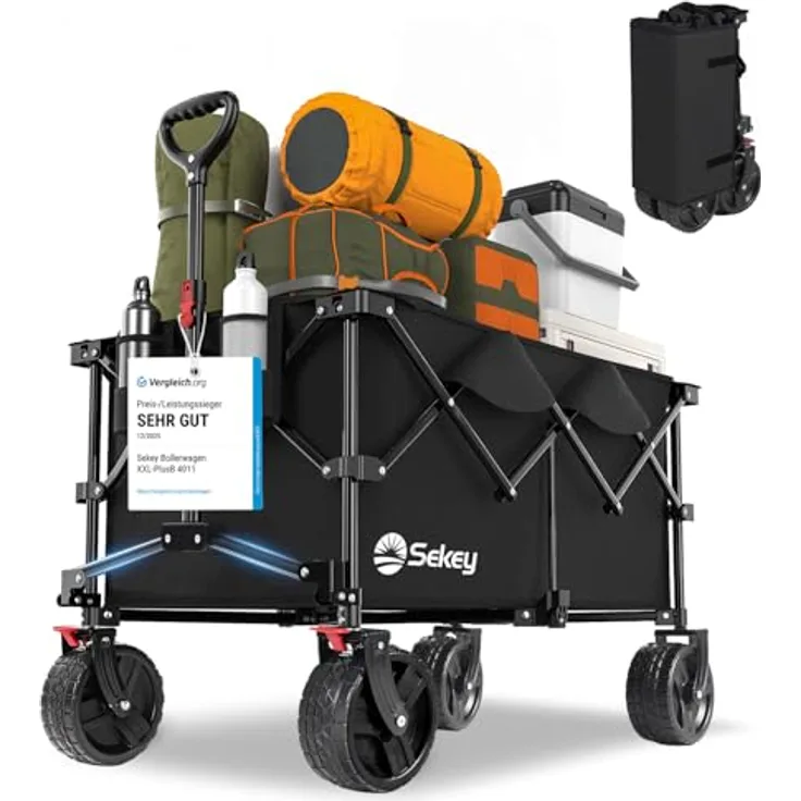 Sekey XXL Plus Bollerwagen Faltbar, 200L Volumen, 200KG Tragfähigkeit, All Terrain mit Bremsen, Patentierter Faltmechanismus, Schwarz