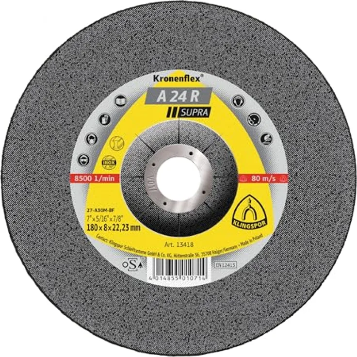 Klingspor 13418 A 24 R SUPRA, Schruppscheibe für Stahl und Edelstahl, hohe Abtragsleistung, Verpackungseinheit 10, 180x8x22,23 mm