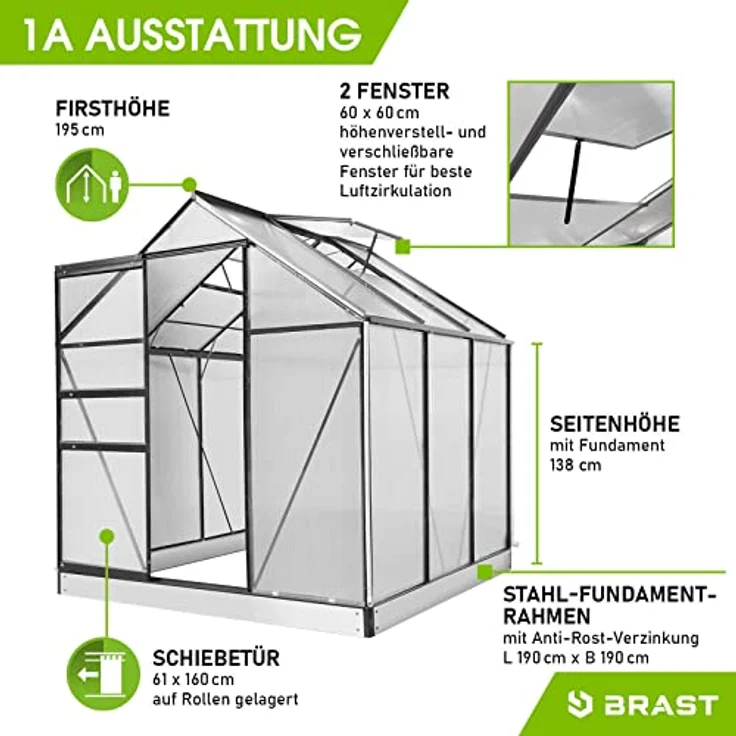 BRAST® Gewächshaus Aluminium mit Fundament rostfrei 38 Modelle 190x190x195cm - 490x250x235cm TÜV geprüft 6mm Platten 190x190x195cm Grau – Bild 3