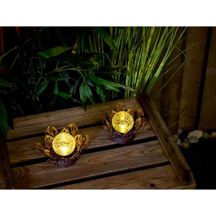 Northpoint LED Lotus Wasserlilie Teichbeleuchtung, 2er-Set braun mit Stanzmuster, Solar/Batterie-Option, wetterfestes Metall – Bild 3