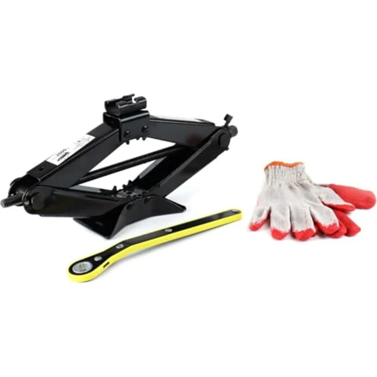 AMiO Scherenwagenheber 02478, Wagenheber mit 1,5 Tonnen Tragkraft und Ratschengriff, schwarz, inkl. Schutzhandschuhe – Bild 1