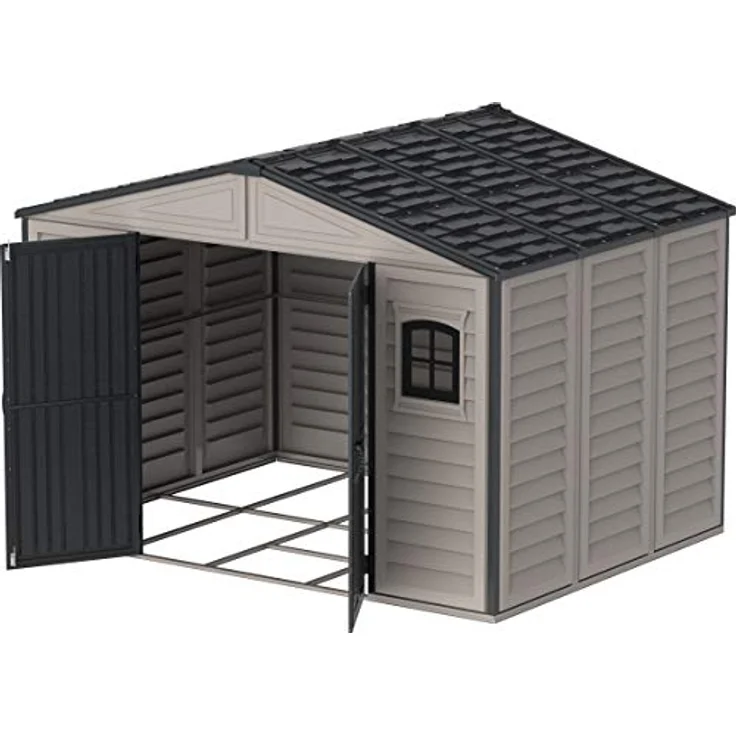 Duramax WoodBridge II PLUS 10.5 x 8 (7.64 m²) Kunststoff gerätehaus mit Metallfundamentset und 2 festen Fenstern, wartungsfreie und robuste und Dachstruktur aus Metall, Gerätehaus, Dunkelgrau/Adobe5 – Bild 5