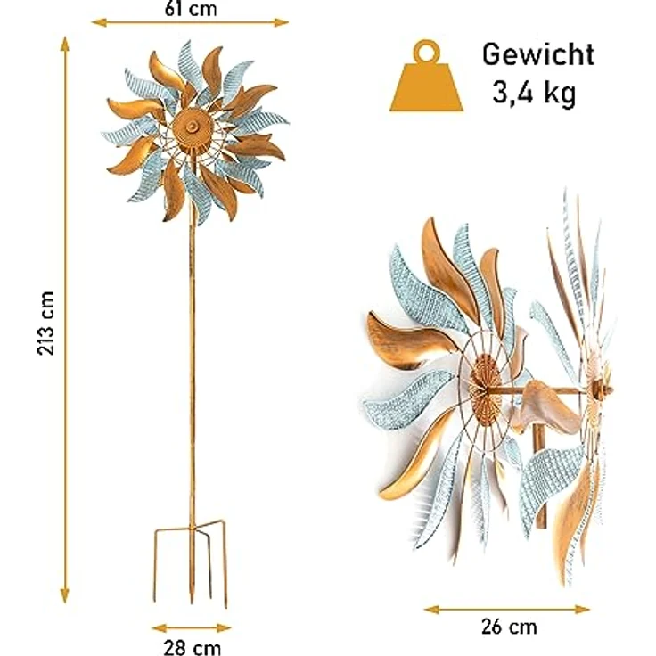 LEMODO Windspiel Fire Flowers | Windrad mit gegenläufigen Rotoren | Gartendeko in 2 Höhen aufbaubar | Gartenstecker 213 cm hoch | Windmühle in Kupferoptik | Windskulptur auch als Vogelschreck geeignet - Preisvergleich – Bild 3