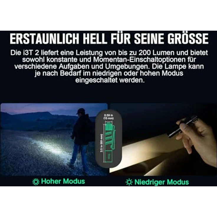 OLIGHT I3T 2 Mini Taschenlampe, 200 Lumen, beidseitiger Taschenclip, 2 Lichtmodi, AAA-Batterie, OD Grün, schockresistent, wasserdicht IPX8 – Bild 3