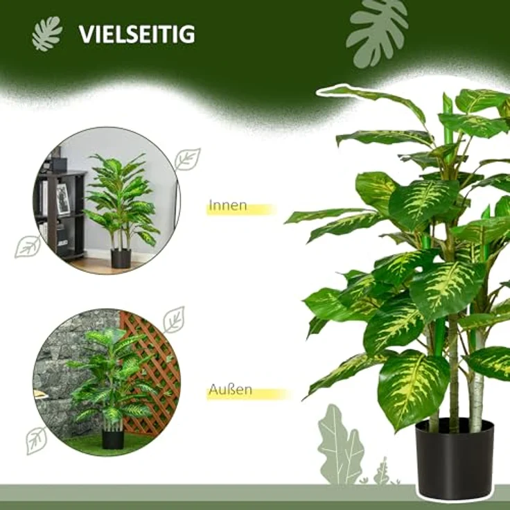 HOMCOM Künstliche Dieffenbachie 95 cm, Kunstpflanze im Zementtopf mit grün-gelben Blättern für Wohnzimmer und Garten – Bild 5