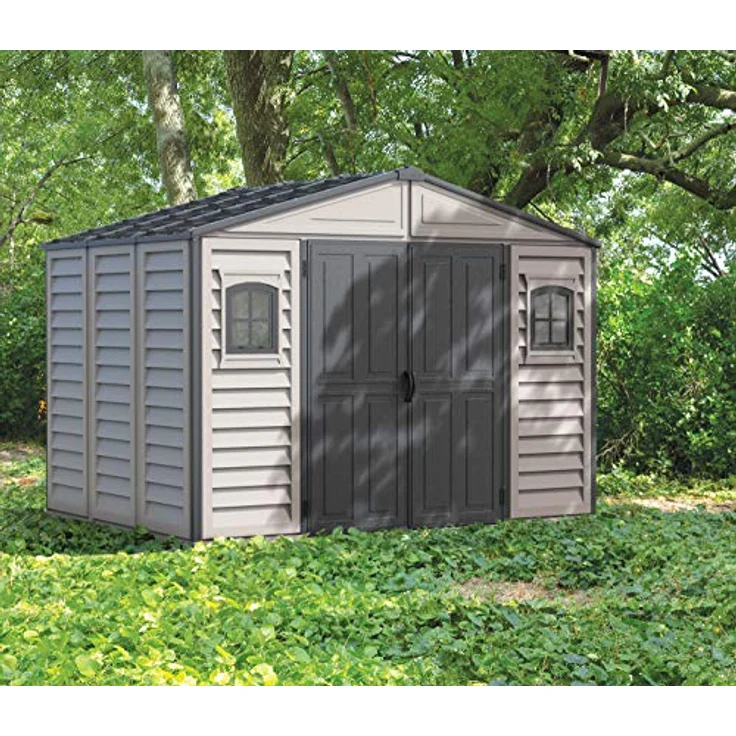 Duramax WoodBridge II PLUS 10.5 x 8 (7.64 m²) Kunststoff gerätehaus mit Metallfundamentset und 2 festen Fenstern, wartungsfreie und robuste und Dachstruktur aus Metall, Gerätehaus, Dunkelgrau/Adobe5 – Bild 4