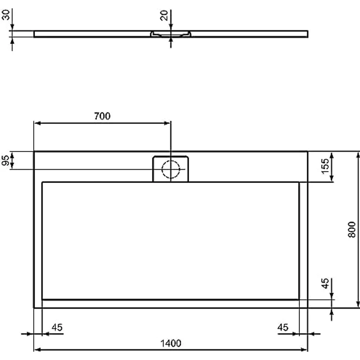 Ideal Standard Ultra Flat S i.life Rechteck-Brausewanne, 1400x800x30mm, hochwertiger Solid Polymer-Mineralguss, Natursteinoptik, mittiger Ablauf 90mm – Bild 6