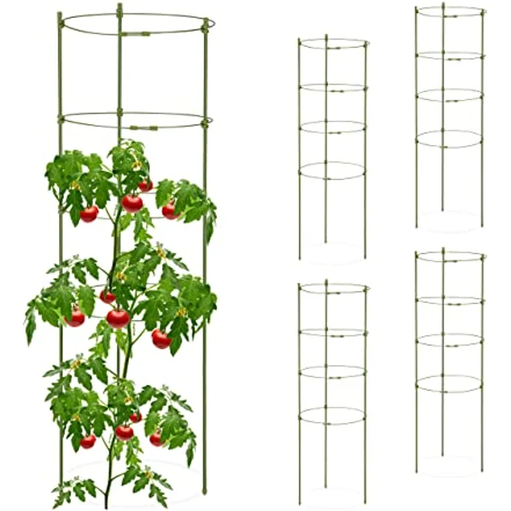 Relaxdays Rankhilfe, 5er Set, 4 Ringe, HxD: 90 x 28 cm, Blumen & Nutzpflanzen, Metall & Kunststoff, Pflanzenstütze, grün – Bild 1