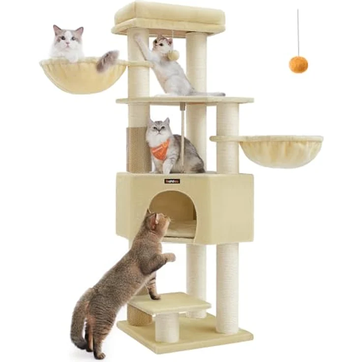 Feandrea Kratzbaum mit selbstwärmenden Decken für große Katze, Katzenbaum mit 2 Katzenbürsten, 11,1 cm d Dicke Stämme, große Plattformen, Höhle, 50 x 50 x 160 cm, sandbeige-beige PCT003Y01 – Bild 1