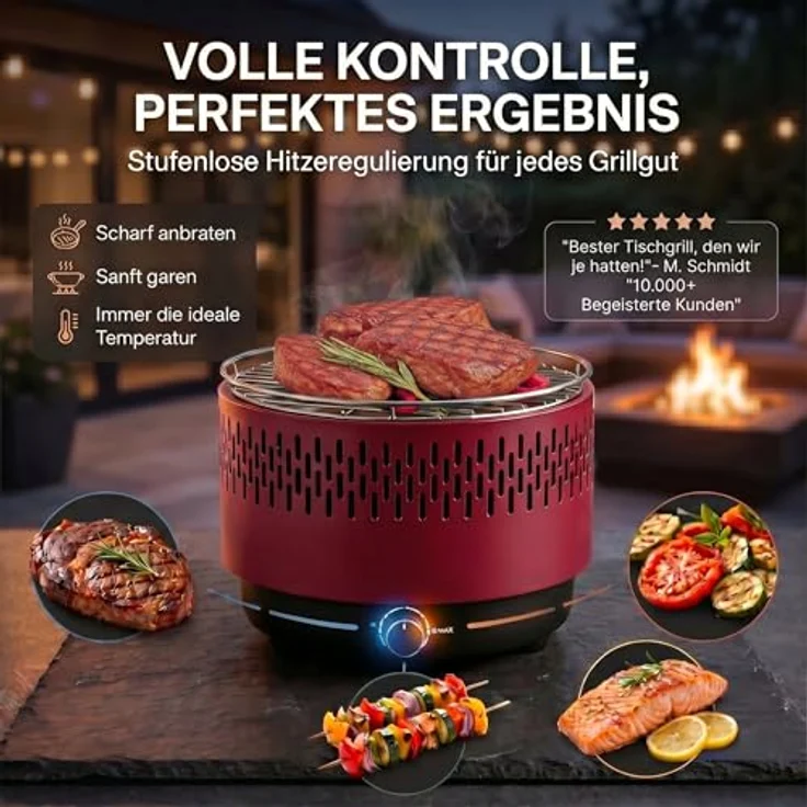 SOUK ONE Tischgrill mit Aktivbelüftung, Holzkohlegrill Grill mit Lüfter, Campinggrill BBQ Outdoor (Rot) – Bild 7