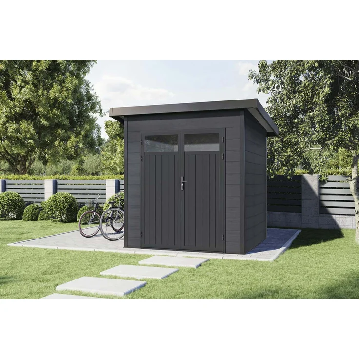 Wolff Finnhaus WPC Gerätehaus Vitale 2020 19, pflegeleichtes Gartenhaus in Anthrazit/Hellgrau mit 19 mm Wandstärke, 4 m² Grundfläche und Aluminiumstruktur
