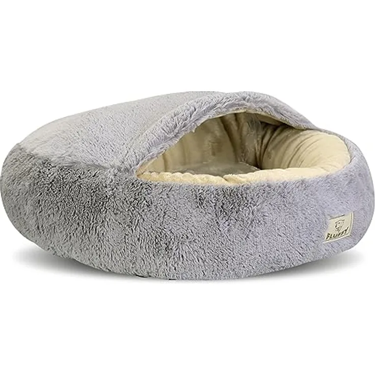 KingDog Shaggy Fluffy Haustierbett mit Kapuze, Kuschelbett für Katzen/Hunde, 18 mm Minky-Haar mit Silikon-Füllung, hellgrau, Durchmesser 70 cm