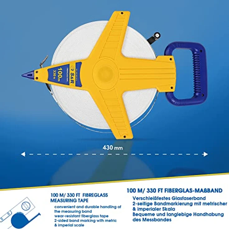 S&R Bandmaß Fiberglas 100m / 330 Ft-Fuß doppelt markiert, Rollband Breite 13mm, Roll Maßband mit Metallring und Zentrierspitze - Preisvergleich – Bild 2