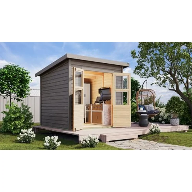 CHILLROI® Karibu Gartenhaus Kano M, 14 mm Wandstärke aus nordischer Fichte, wetterfest, lichtdurchflutet mit Anbaudach – Bild 1