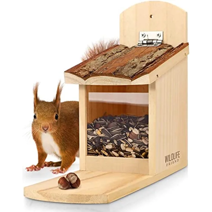 WILDLIFE FRIEND I Eichhörnchen Futterhaus stabil aus Massivholz mit Rindendach - Wetterfest, Futterstation zum Eichhörnchen füttern, Eichhörnchenfutterhaus - utterstation für eichhörnche