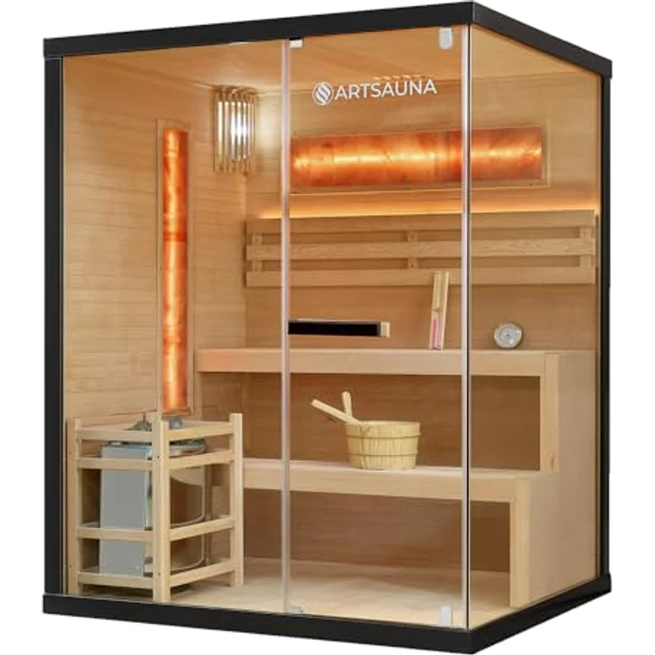Artsauna Sauna Vantaa 150, BxTxH: 150 x 140 x 190 cm, 5 mm, 2 große Salzsteine, Ambientebeleuchtung, Schwarz/Natur, 3 Personen, 4,5 kW Ofen mit Saunasteinen – Bild 2