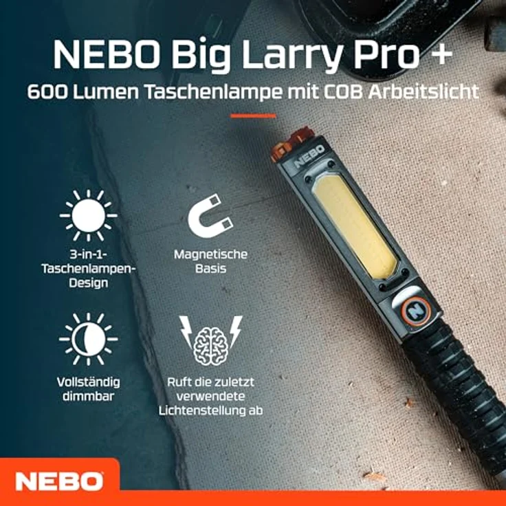 NEBO Big Larry 3, 600 Lumen LED-Taschenlampe mit COB-Arbeitslicht, dimmbar, batteriebetrieben, Magnetfuß, wasserdicht und stoßfest – Bild 2