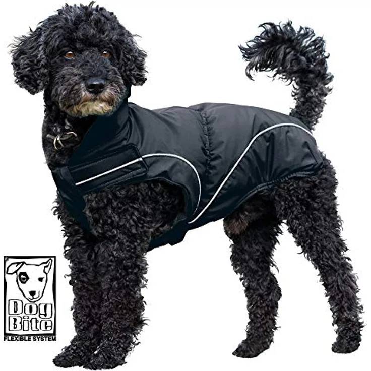 Dogbite Regenjacke, hervorragende Wärmedämmung, wind- und wasserdicht, atmungsaktiv, pflegeleicht, mit Reflexionsstreifen, Schwarz 45 cm