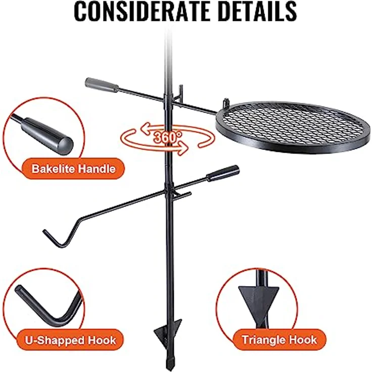 VEVOR Drehspieß Schwenkgrill Stahl 360 x 360 mm, Holzkohlegrill Doppelte Schichten Grillrost Grillgestell 6 kg Belastbarkeit 300 ℃ Freistehend Spießbratengrill BBQ Grill Grillwagen Barbecue Outdoor – Bild 4