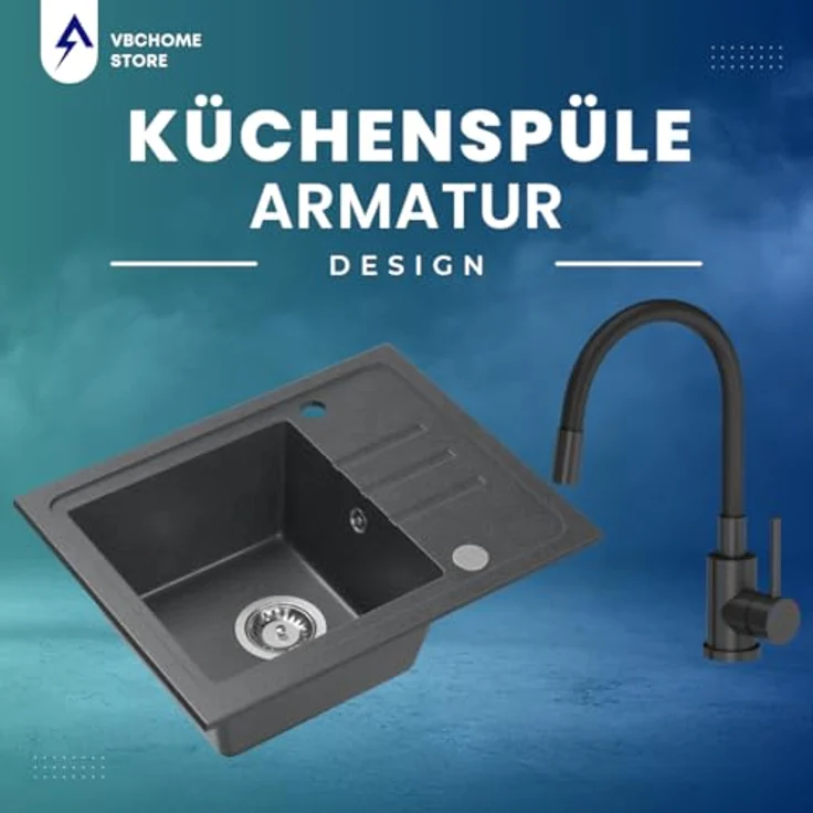 VBChome Spülbecken Granit Schwarz mit Armatur 55 x 44 cm | Einzelbecken Einbauspüle Gesprenkelt Reversibel Granitspüle Siphon Waschbecken Armatur Schwarz Matt – Bild 3