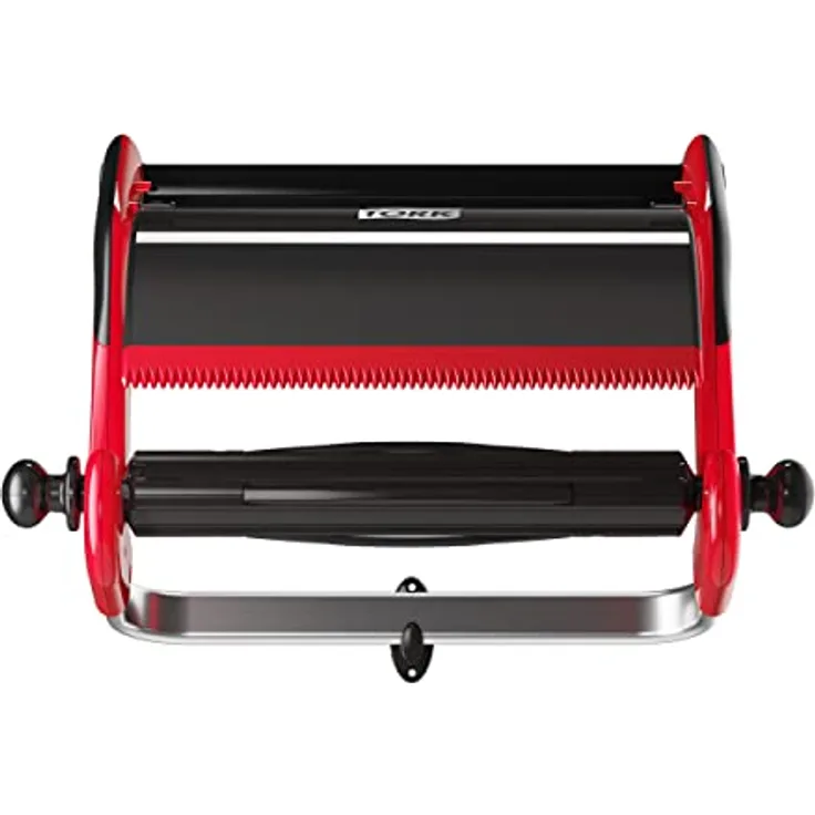 Tork Papierhandtuchspender W1, Wandhalterung für Großrollen bis 43 cm Breite, rot/schwarz, robuste Metallkonstruktion mit glasfaserverstärkter Abreißkante