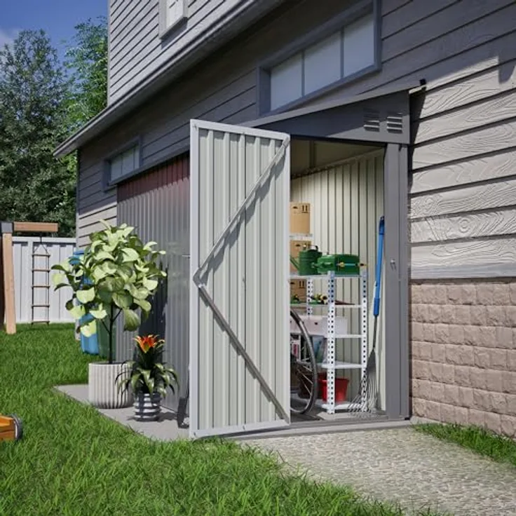 Thanaddo Metall Gerätehaus Gartenhaus 110x229x192cm, wetterfester Geräteschuppen mit Pultdach und Metallfundament, grau