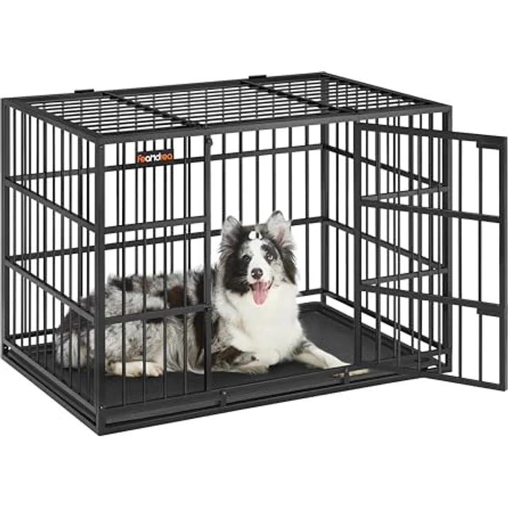 Feandrea Hundekäfig hochbelastbar, Hundebox, 107 x 70 x 75 cm, für mittelgroße und große Hunde, mit herausnehmbarer Bodenschale, Doppeltüren, leicht zu reinigen, tintenschwarz – Bild 1