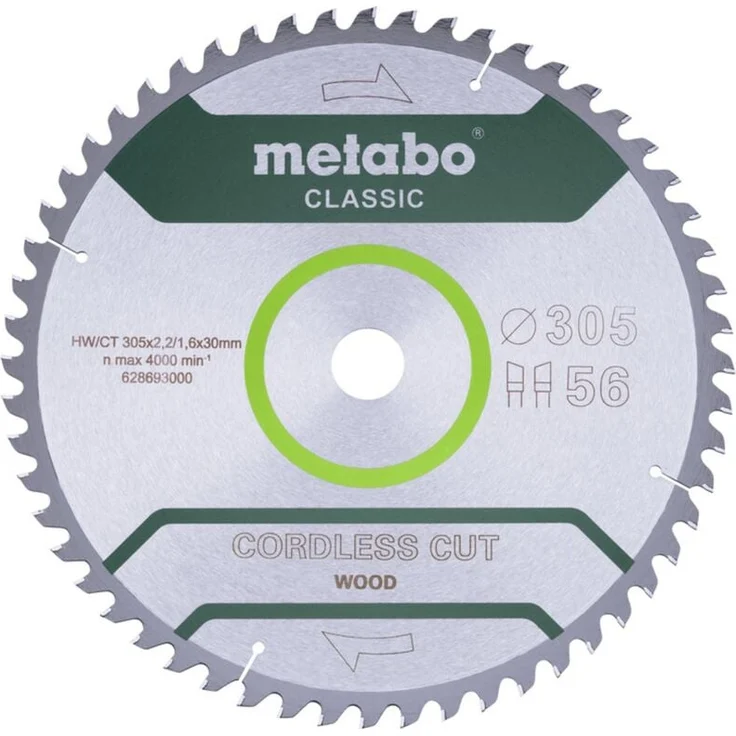 Metabo Sägeblatt cordless cut wood classic, 305x30 mm, Z56, extra dünn für maximale Laufzeit und mehr Schnitte pro Akkuladung