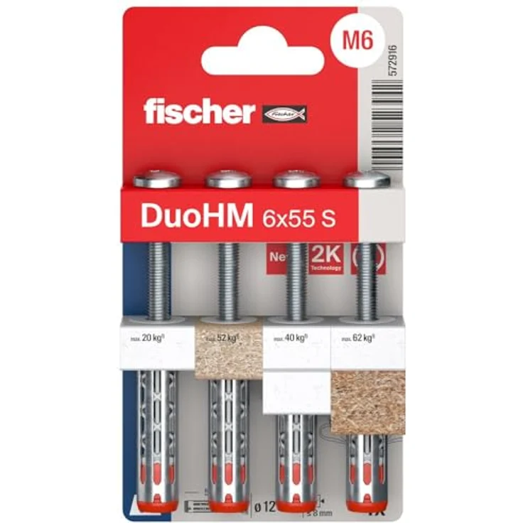 fischer 572916 DuoHM Hohlraumdübel 6 x 55 S TX mit metrischer Flachkopfschraube und TX-Antrieb (4 Stück) zur Befestigung von TV-Halterungen, Leuchten, Wandregalen in Plattenbaustoffen – Bild 1
