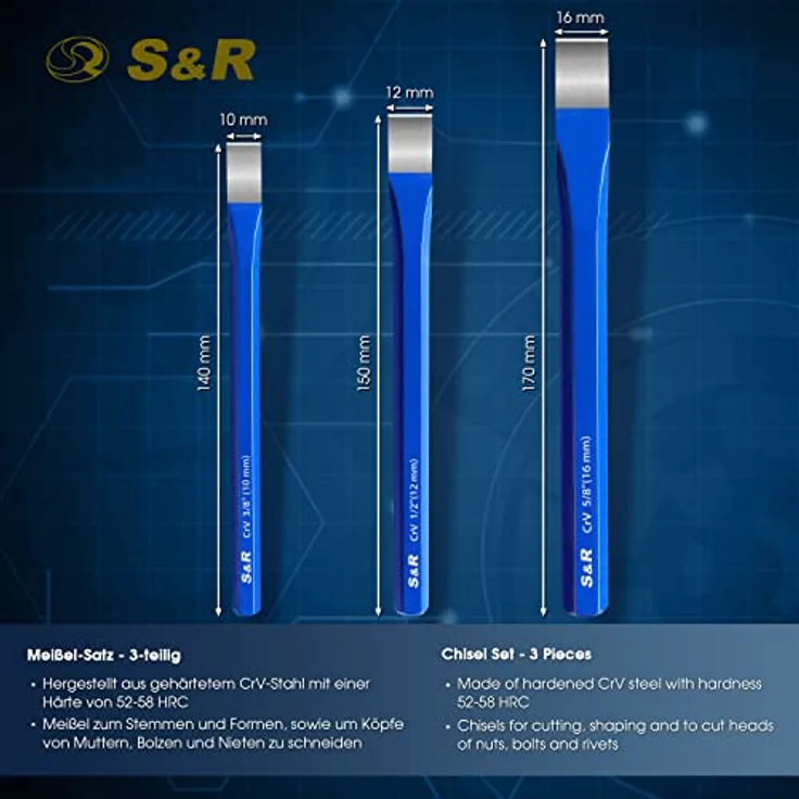 S&R Meißel-Set, 3-teiliges Hand-/Flach-/Steinmeißel-Set aus Ch-V-Stahl, hitzegehärtet für Metall-, Holz- und Bet bearbeitung – Bild 2