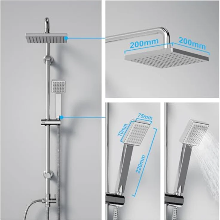 JOHO Edelstahl Duschsystem, Regendusche Duschset 20x20 cm aus ABS, wassersparend, Chrom, inkl. 3 Wege Umsteller, drehbare Duschstange, flexibler Handbrauseschlauch – Bild 3