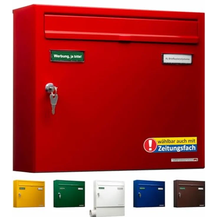 AL Briefkastensysteme Briefkasten rot RAL 3000 Basic 1er Briefkasten mit Namensschild und Schloss 1 Fach DIN A4 wetterfest - Postkasten Mailbox – Bild 1