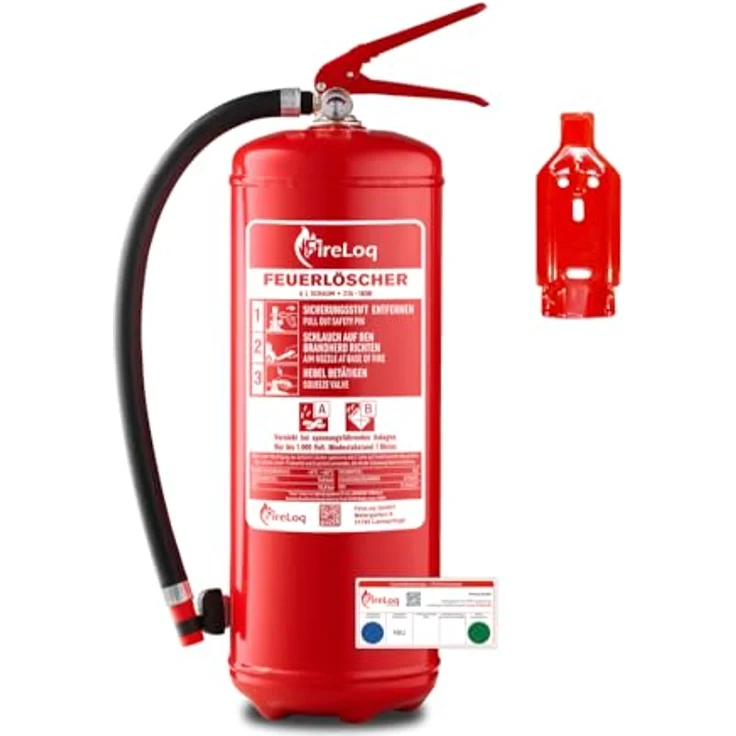 FireLoq 6L Schaum Feuerlöscher, Brandklasse AB, 27A | 183B, Dauerdruck mit Prüfnachweis, Wandhalter und Manometer – Bild 1