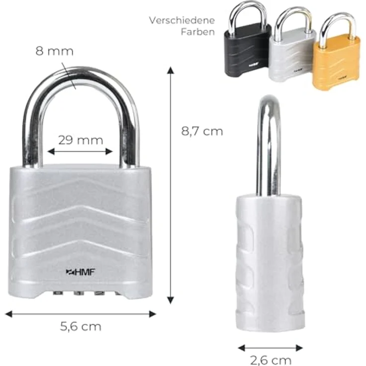 HMF Zahlenschloss Vorhängeschloss mit 4-stelligem Zahlencode, robustes Aluminiumlegierungsschloss, 5,6 x 2,6 x 8,7 cm, Silber – Bild 5