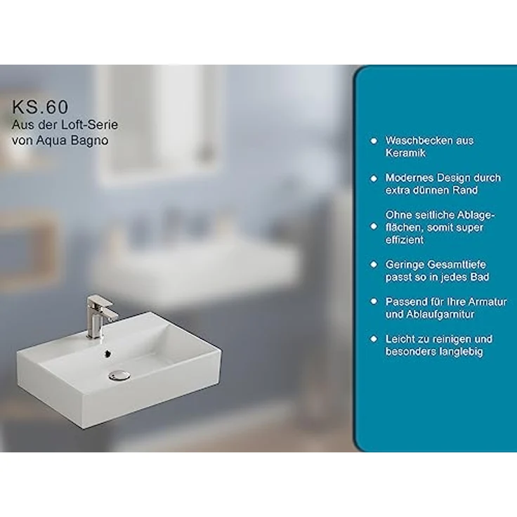 Aqua Bagno | Eckiges Design Handwaschbecken, hochwertige Keramik, modern & stilvoll durch dünnen Rand | 600 x 420 mm – Bild 5