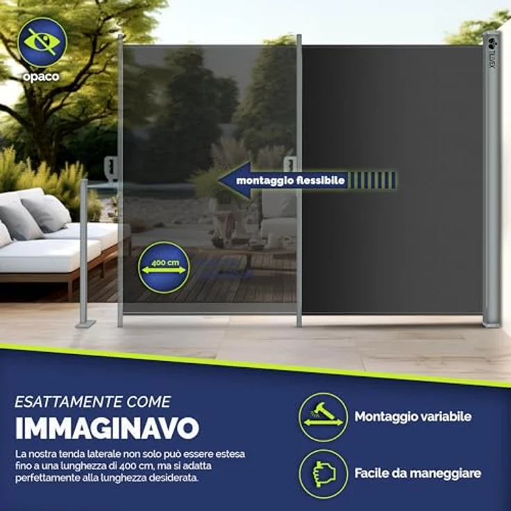 tillvex® Seitenmarkise 160 x 350 cm ausziehbar & Blickdicht in Grau | Sichtschutz & Sonnenschutz aus rostfreiem Stahl - Preisvergleich – Bild 2